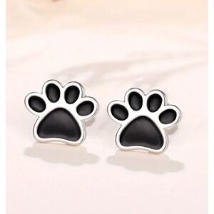 Silver Black Paw Print Stud Earrings Animal Dog Cat Pet Lover Jewelry